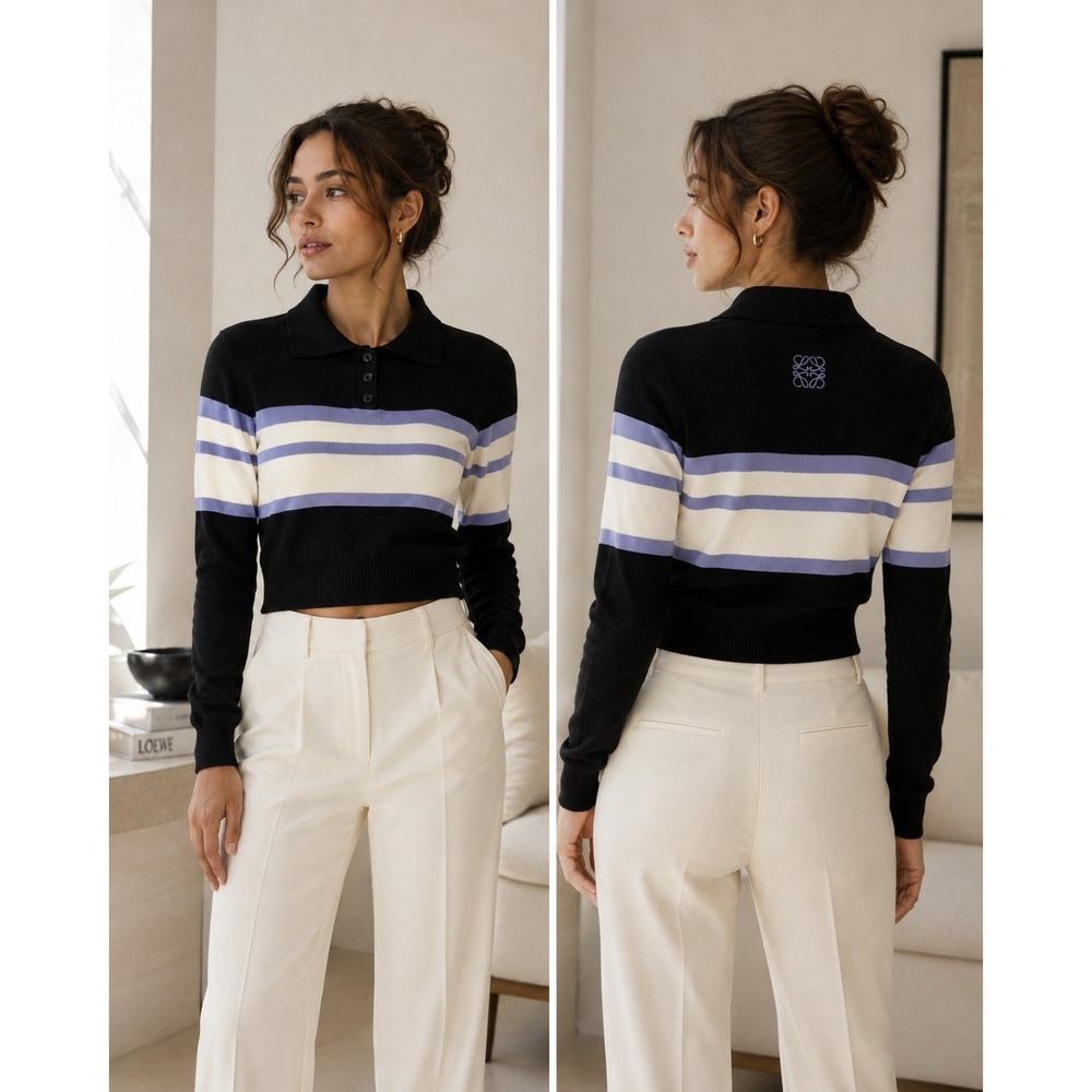 LOEWE Women's Cotton Knit Polo Sweater XS S Black Blue White Striped Anagram